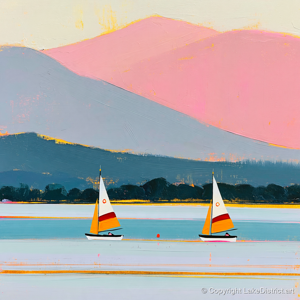 Windermere Sailboats and Pink Fells - lake district lake art print and canvas by Genevieve Moore A.I