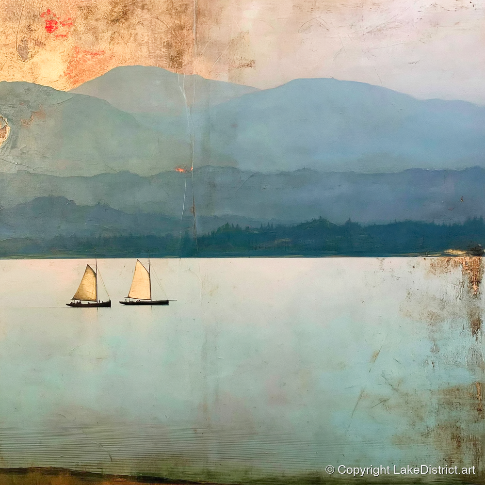 Windermere Sailboats Beneath Ochre Skies - lake district lake art print and canvas by Silas Thorne A.I