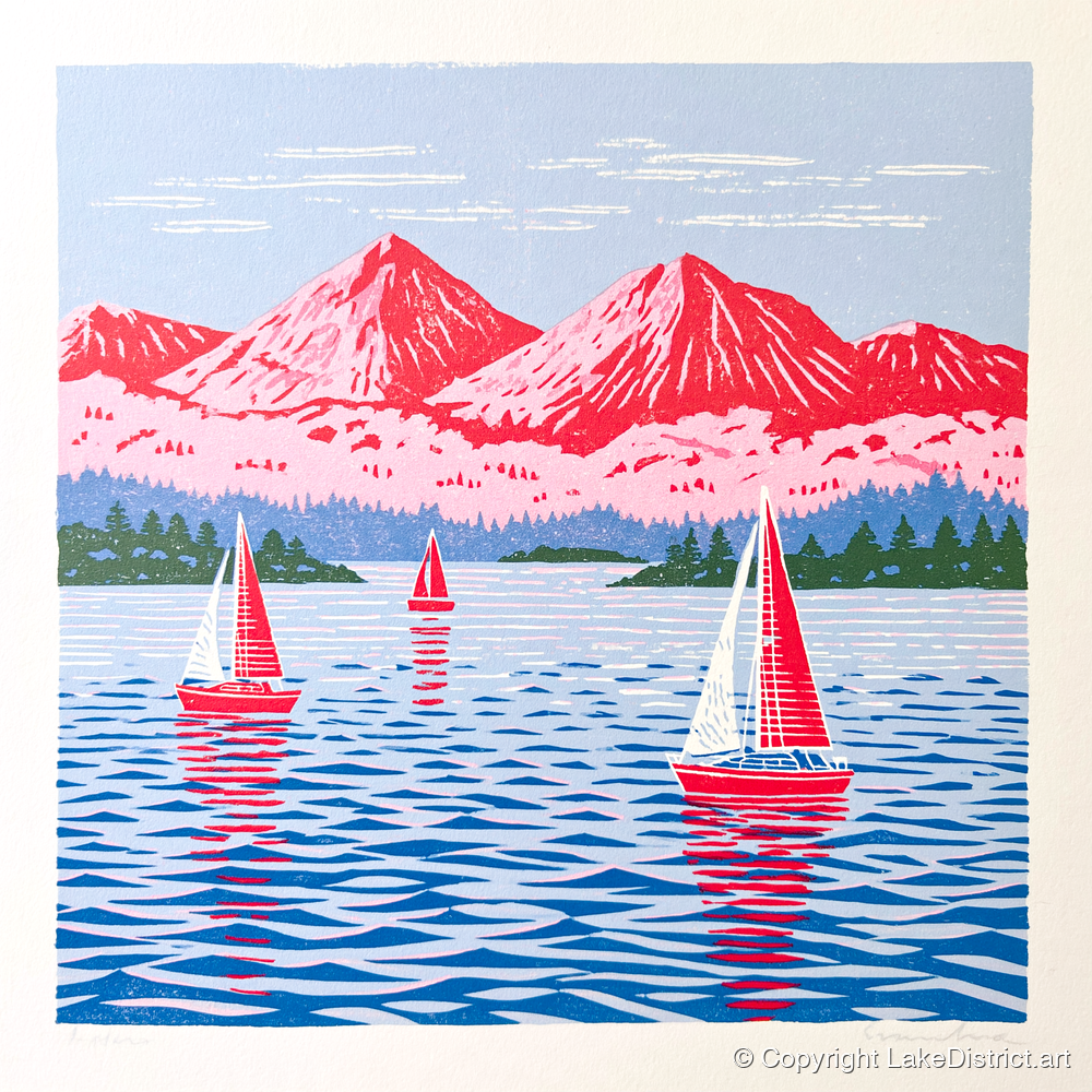 Windermere Sailboats Beneath Pink Fells - lake district lake art print and canvas by Christopher Seaton A.I