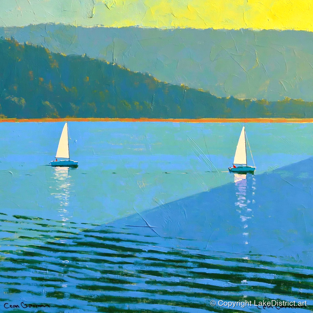 Windermere Sailboats in Bold Blue - lake district lake art print and canvas by Daphne Morley A.I