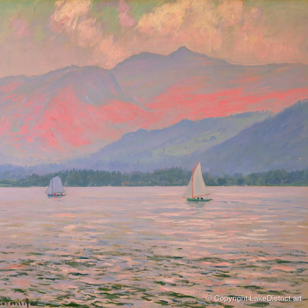 Windermere Sailboats In Rose Light - lake district lake art print and canvas by Clara Sterling A.I