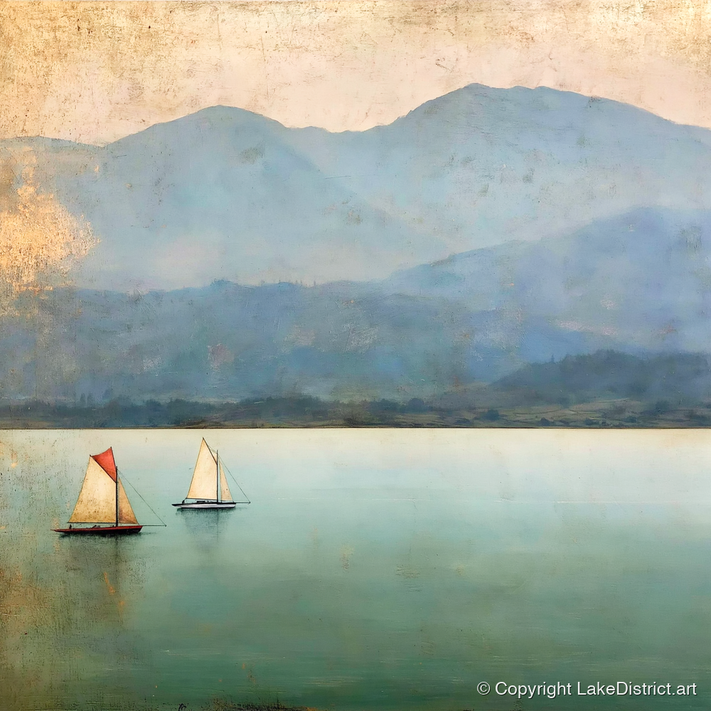 Windermere Sailboats in Teal and Gold - lake district lake art print and canvas by Silas Thorne A.I