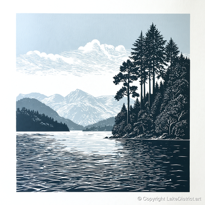 Windermere Shoreline in Deep Navy - lake district lake art print and canvas by Alfred Morland A.I
