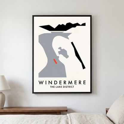 Windermere travel poster in a black frame, hanging in a bedroom3
