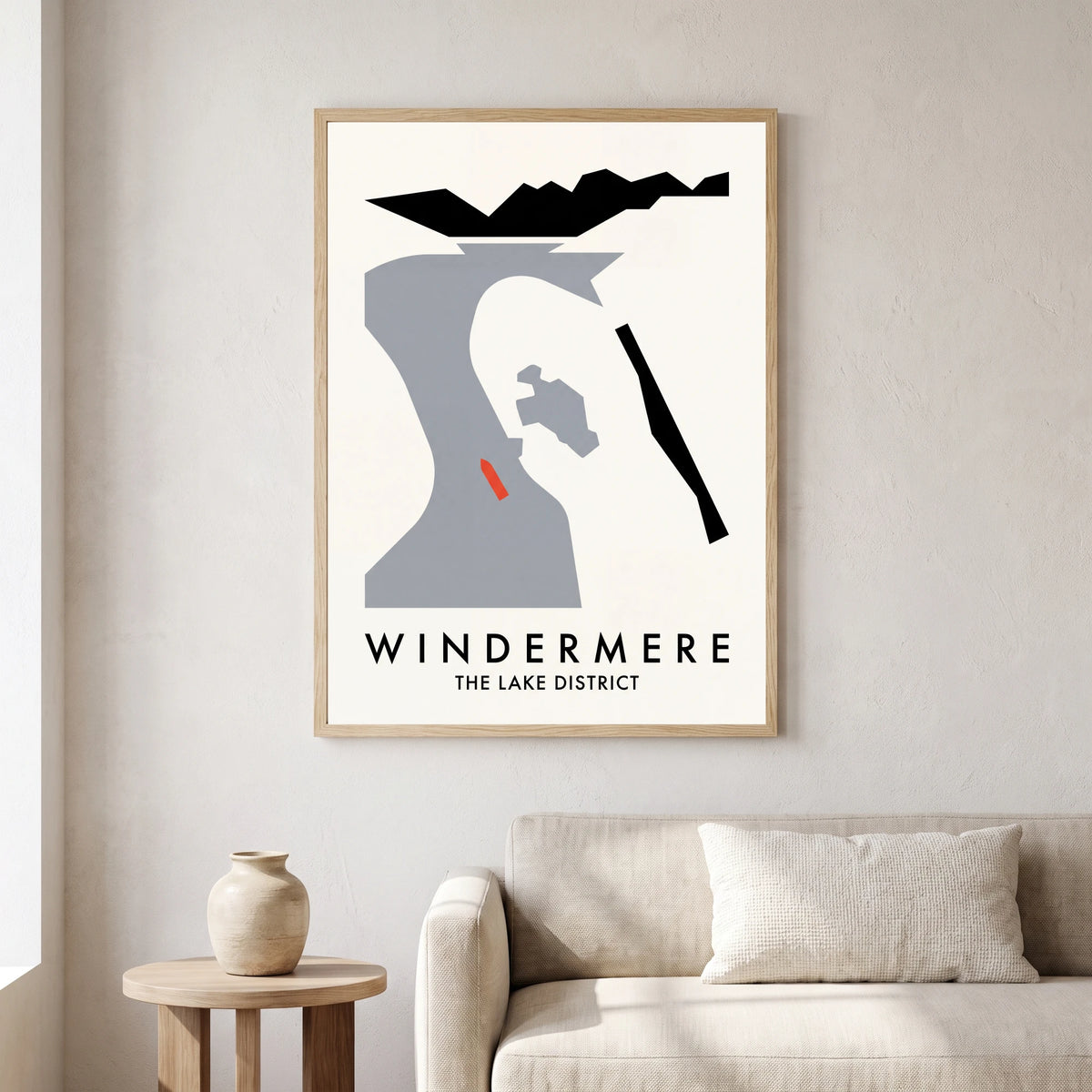 Windermere travel poster in a natural frame, hanging in a living