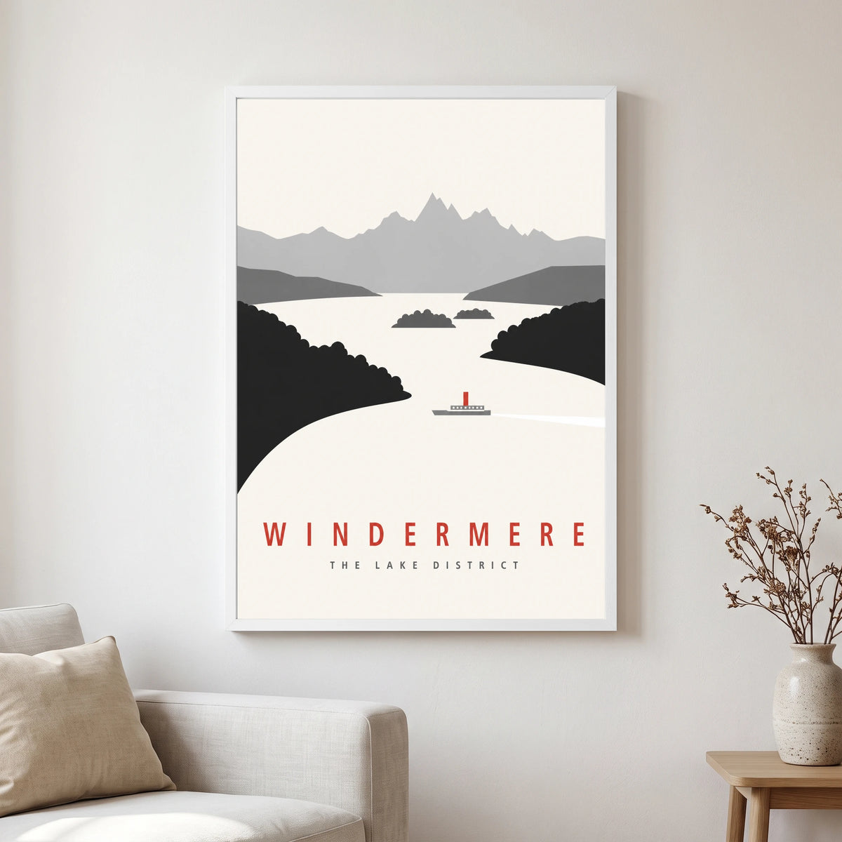 Windermere travel poster in a white frame, hanging in a living2