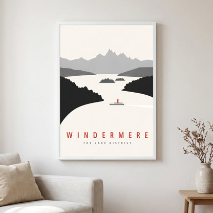 Windermere travel poster in a white frame, hanging in a living2
