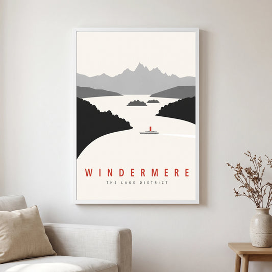 Windermere travel poster in a white frame, hanging in a living2