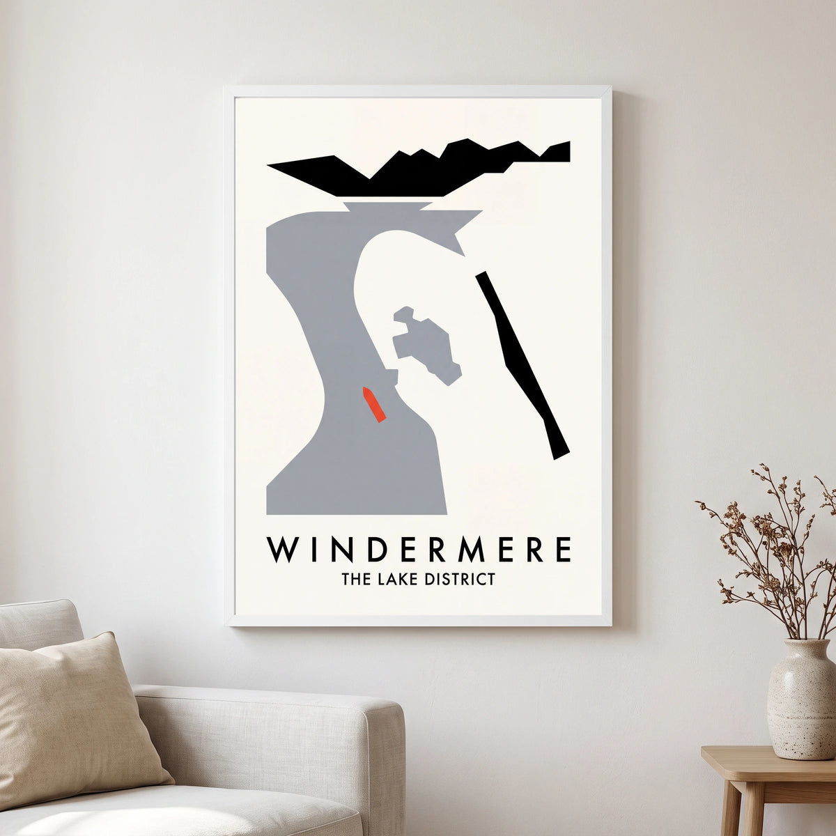 Windermere travel poster in a white frame, hanging in a living2