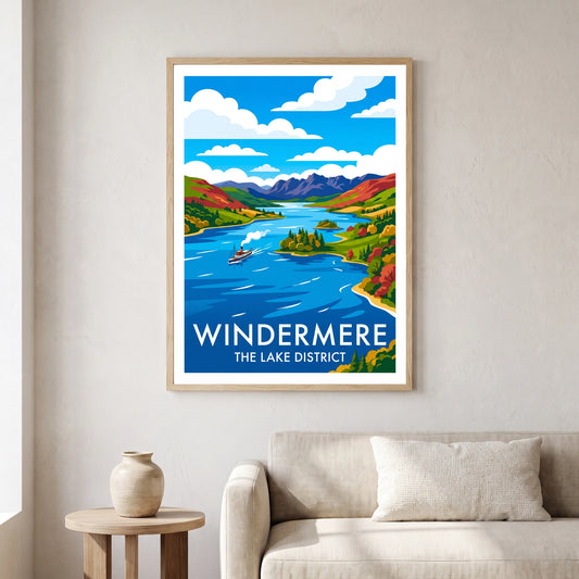 Windermere travel poster in a natural frame, hanging in a living