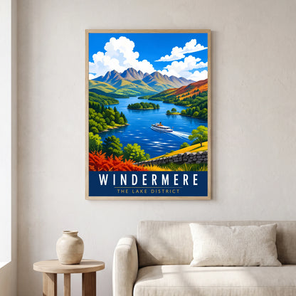 Windermere travel poster in a natural frame, hanging in a living