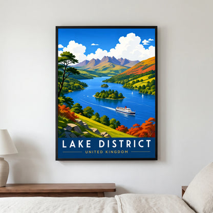 Windermere travel poster in a black frame, hanging in a bedroom3