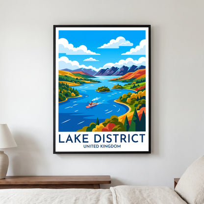 Windermere travel poster in a black frame, hanging in a bedroom3