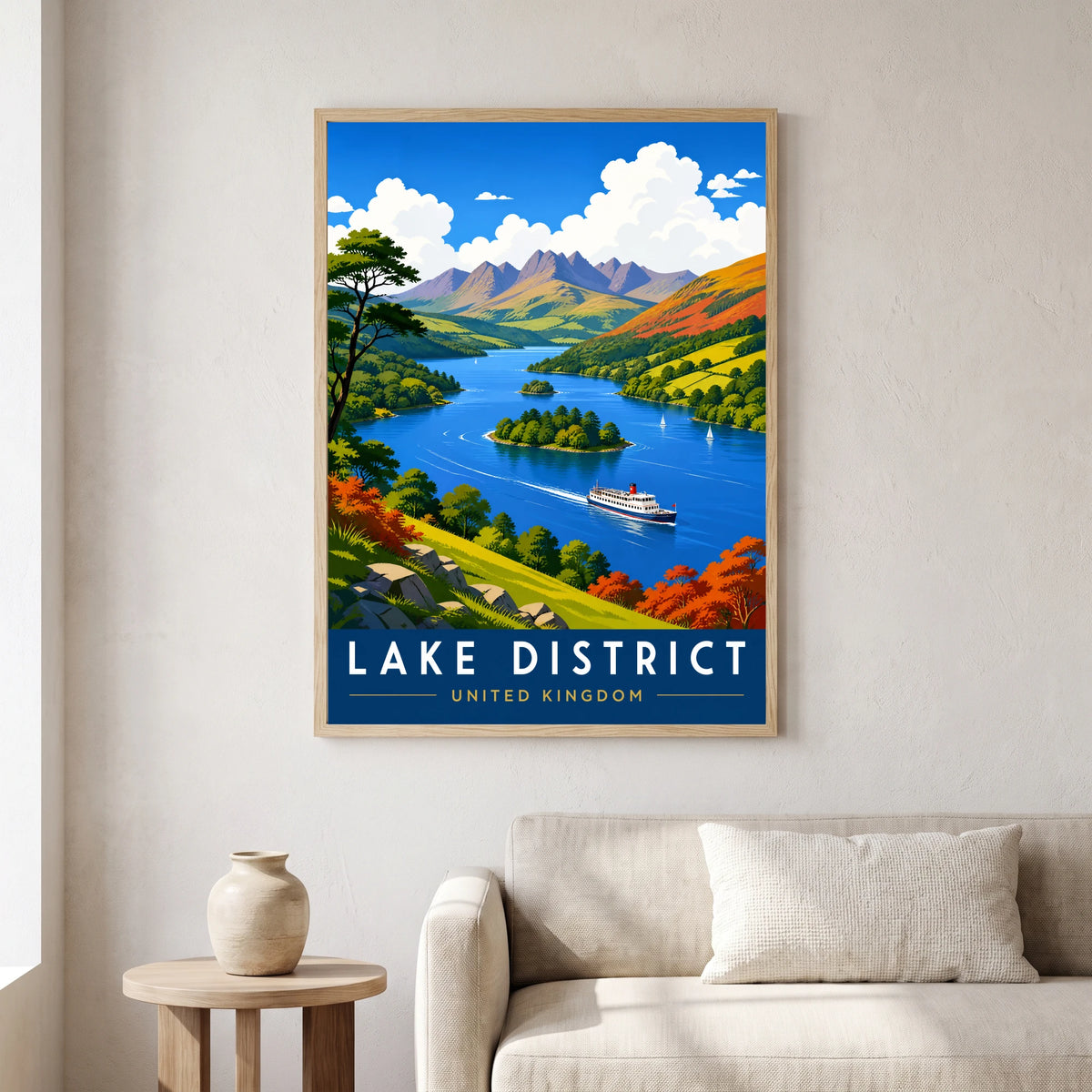 Windermere travel poster in a natural frame, hanging in a living