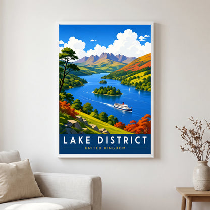 Windermere travel poster in a white frame, hanging in a living2