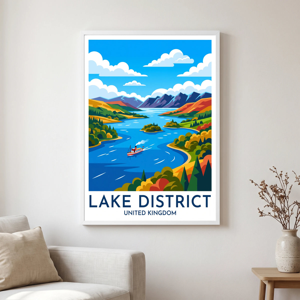 Windermere travel poster in a white frame, hanging in a living2