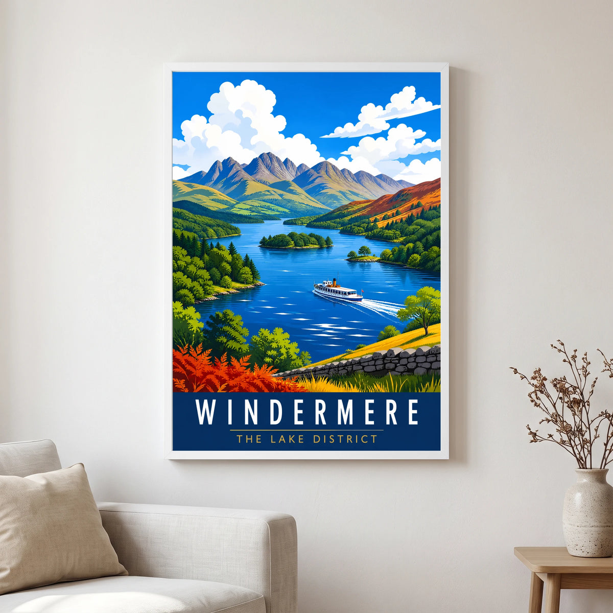 Windermere travel poster in a white frame, hanging in a living2