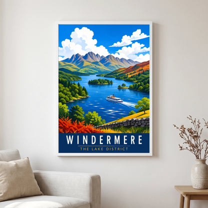 Windermere travel poster in a white frame, hanging in a living2