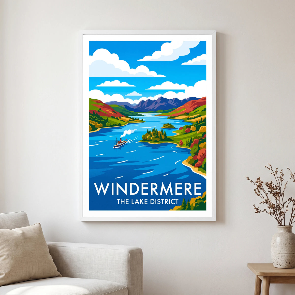 Windermere travel poster in a white frame, hanging in a living2