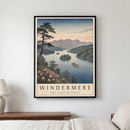 Windermere travel poster in a black frame, hanging in a bedroom3