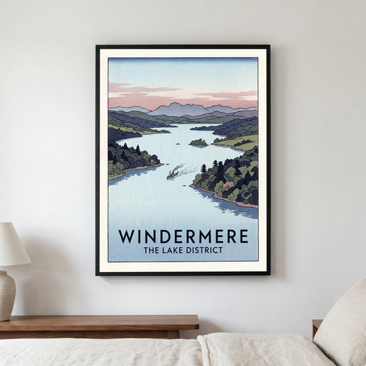 Windermere travel poster in a black frame, hanging in a bedroom3