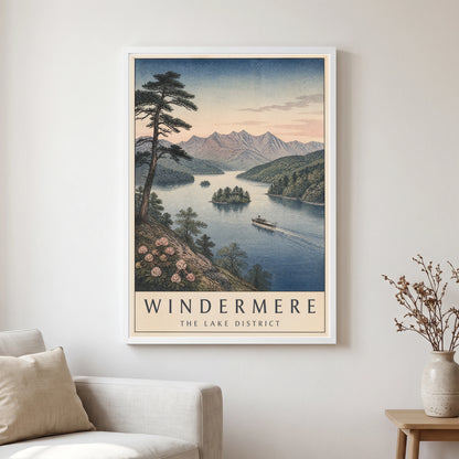 Windermere travel poster in a white frame, hanging in a living2