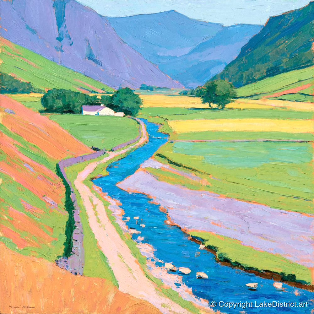 Winding Beck Through Vibrant Fells - lake district valley art print and canvas by Hugo Beckett A.I