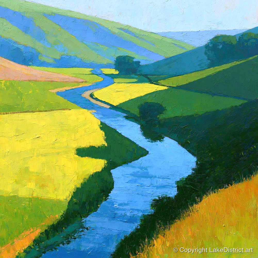Winding Blue Beck through Vibrant Valley Meadows - lake district waterfall art print and canvas by Daphne Morley A.I