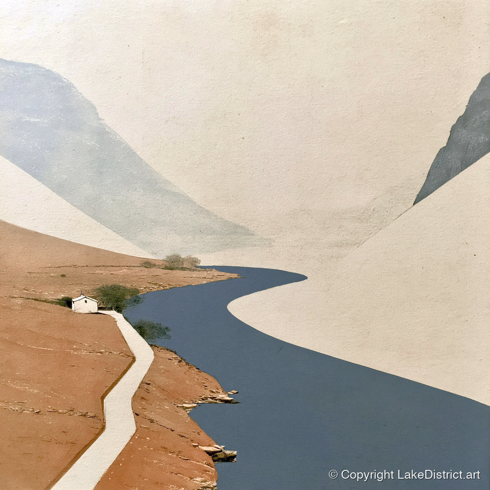 Winding Blue Lake and White Cottage - lake district lake art print and canvas by Phillip Marbury A.I