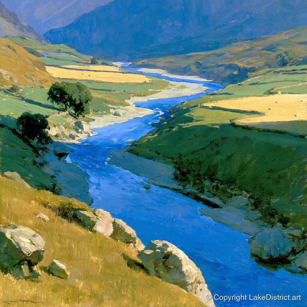 Winding Blue River Valley - lake district waterfall art print and canvas by Percival Kent A.I