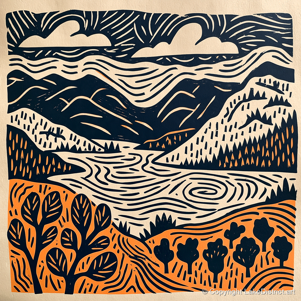 Winding Lake and Terracotta Fells - lake district lake art print and canvas by Leon Baxter A.I