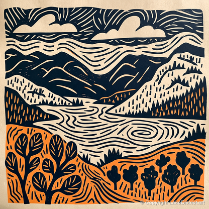 Winding Lake and Terracotta Fells - lake district lake art print and canvas by Leon Baxter A.I