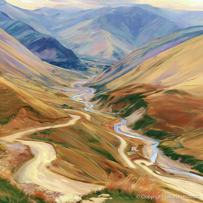 Winding Mountain Pass and Beck - lake district valley art print and canvas by Henry Cavendish A.I