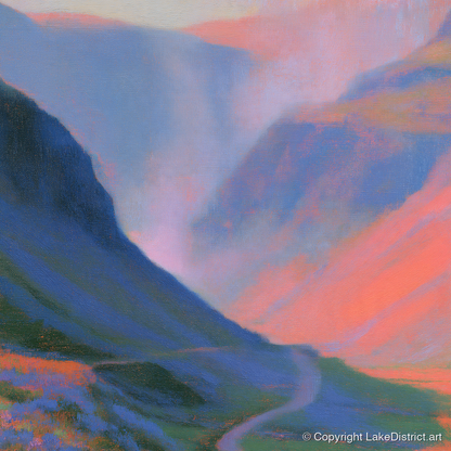 Winding Mountain Pass at Twilight - lake district valley art print and canvas by Theodore Vance A.I