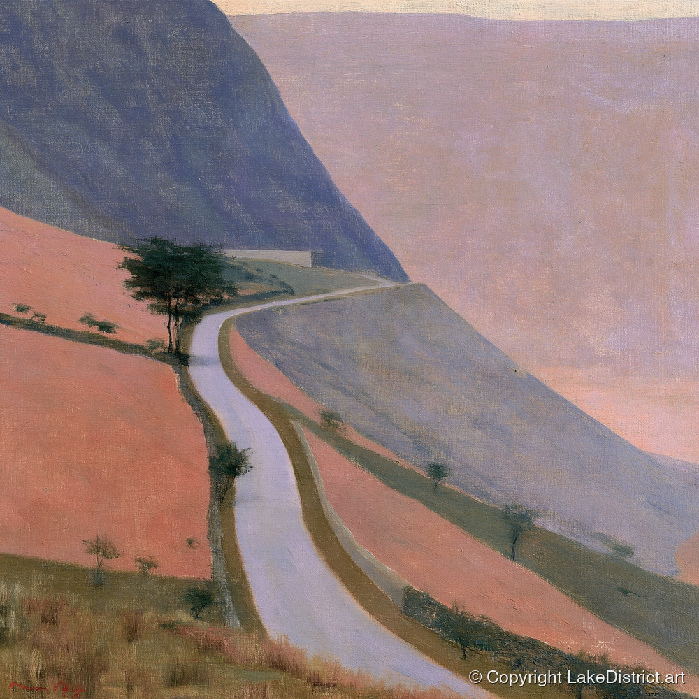 Winding Mountain Pass in Dusk Pink - lake district valley art print and canvas by Alistair Thorne A.I