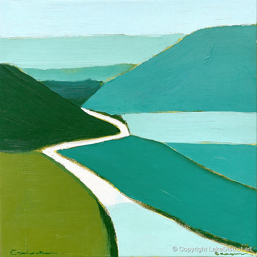 Winding Mountain Pass in Teal - lake district valley art print and canvas by Sebastian Finch A.I