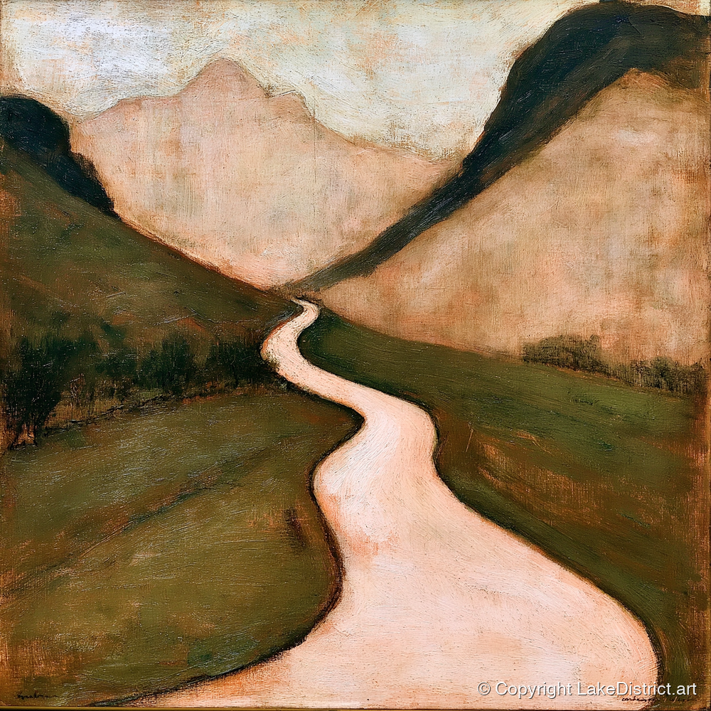 Winding Mountain Pass in Warm Tones - lake district valley art print and canvas by Arabella Knight A.I