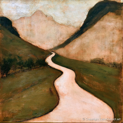 Winding Mountain Pass in Warm Tones - lake district valley art print and canvas by Arabella Knight A.I
