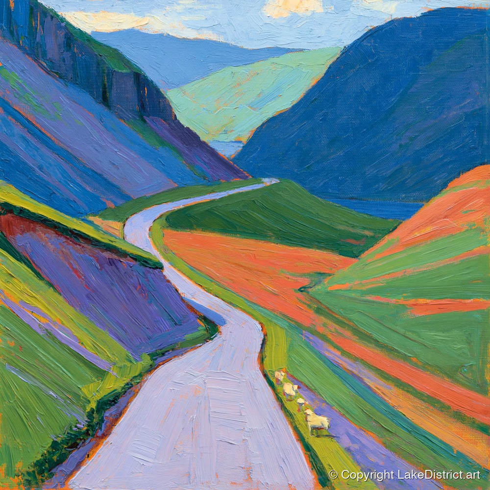 Winding Pass and Cobalt Fells - lake district valley art print and canvas by Marshall Davies A.I