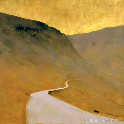 Winding Pass in Golden Light - lake district valley art print and canvas by Vincent Delaney A.I
