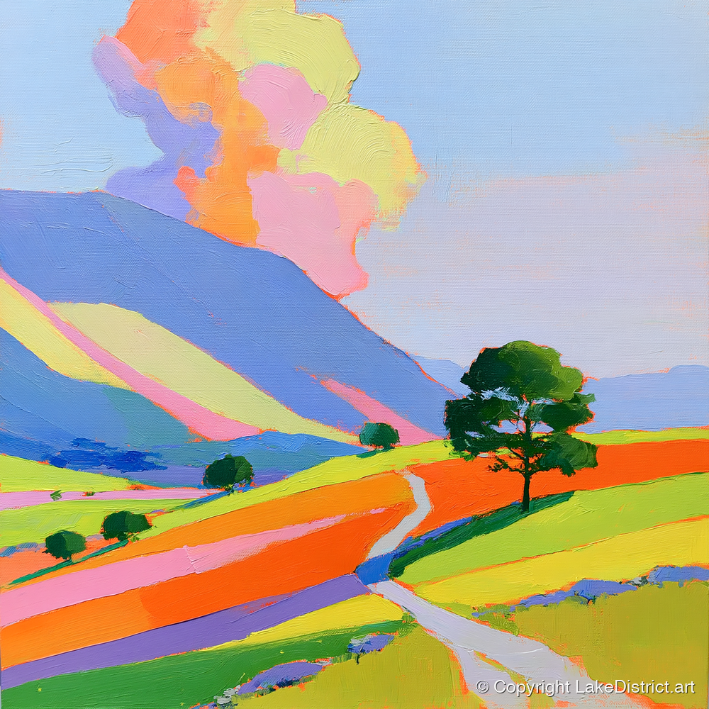 Winding Path Through Colourful Fells - lake district fell art print and canvas by Desmond Locke A.I