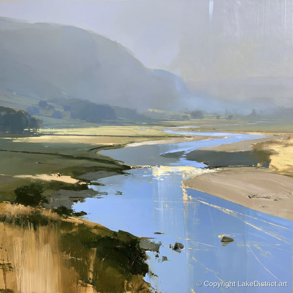 Winding River and Hazy Fells - lake district waterfall art print and canvas by Elias Thorne A.I