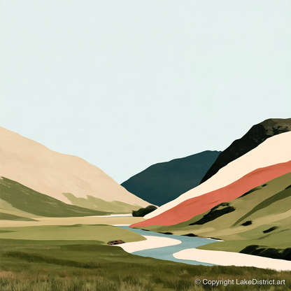Winding River and Terracotta Fells - lake district waterfall art print and canvas by Malcolm Reed A.I