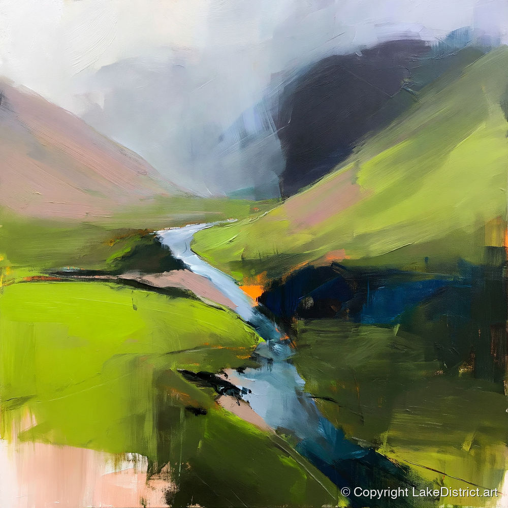 Winding River and Vibrant Fells - lake district waterfall art print and canvas by Warren Yates A.I