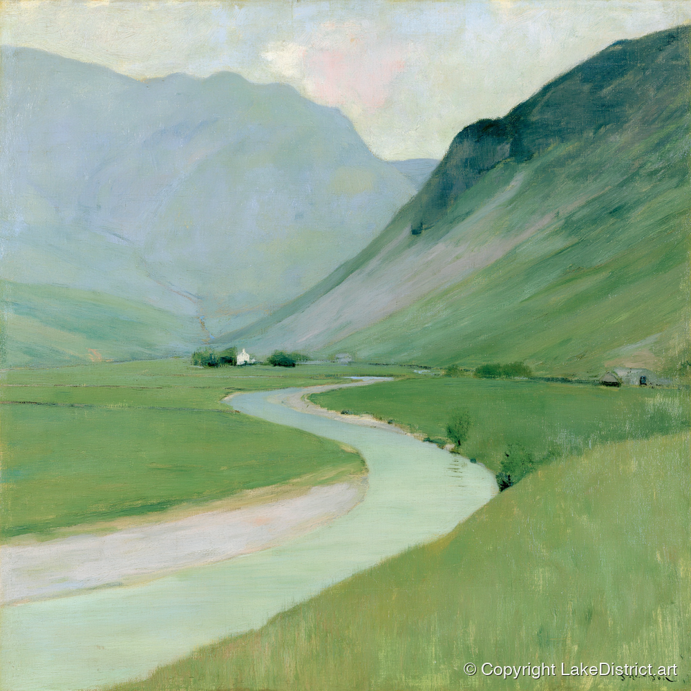 Winding River Below Pastel Fells - lake district waterfall art print and canvas by Charles Waverly A.I
