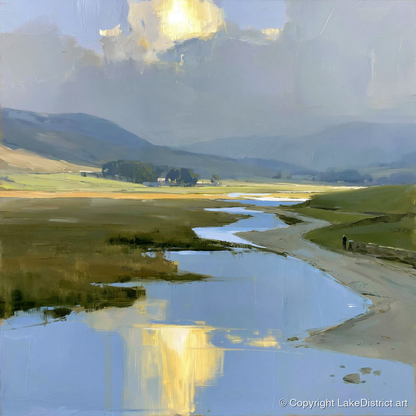 Winding River Below Rolling Fells - lake district fell art print and canvas by Elias Thorne A.I