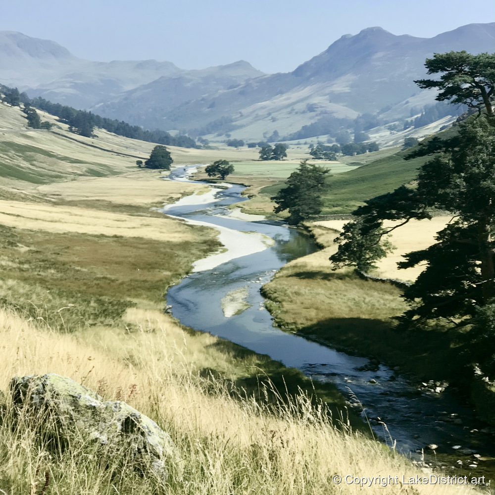 Winding River Beneath Hazy Fells - lake district waterfall art print and canvas by Beatrice Langley A.I