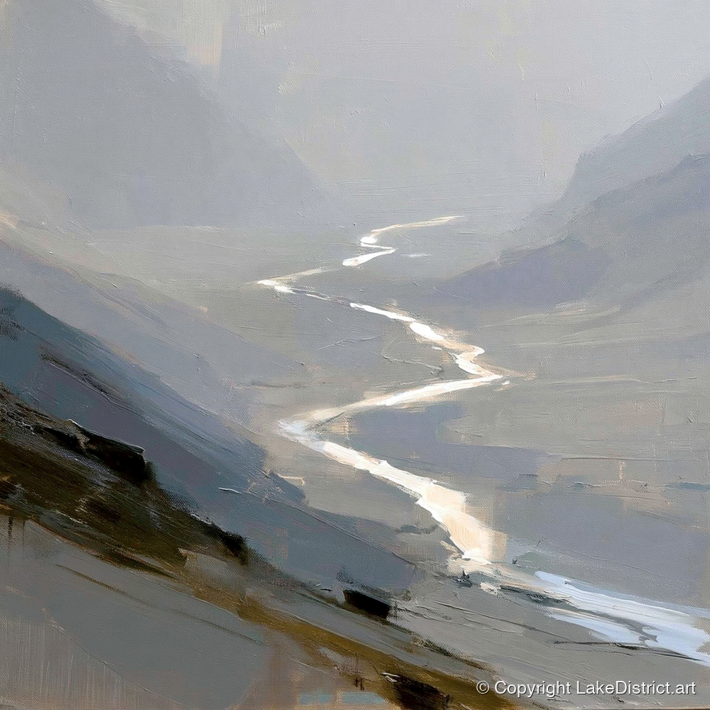 Winding River in Misty Valley - lake district waterfall art print and canvas by Elias Thorne A.I