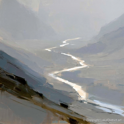 Winding River in Misty Valley - lake district waterfall art print and canvas by Elias Thorne A.I