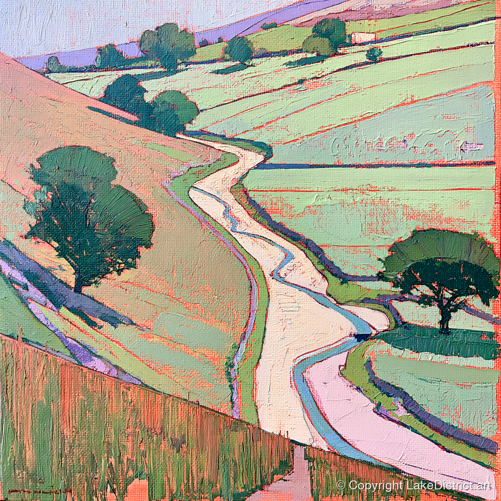 Winding River In Pastel Valley - lake district waterfall art print and canvas by Cedric Montgomery A.I